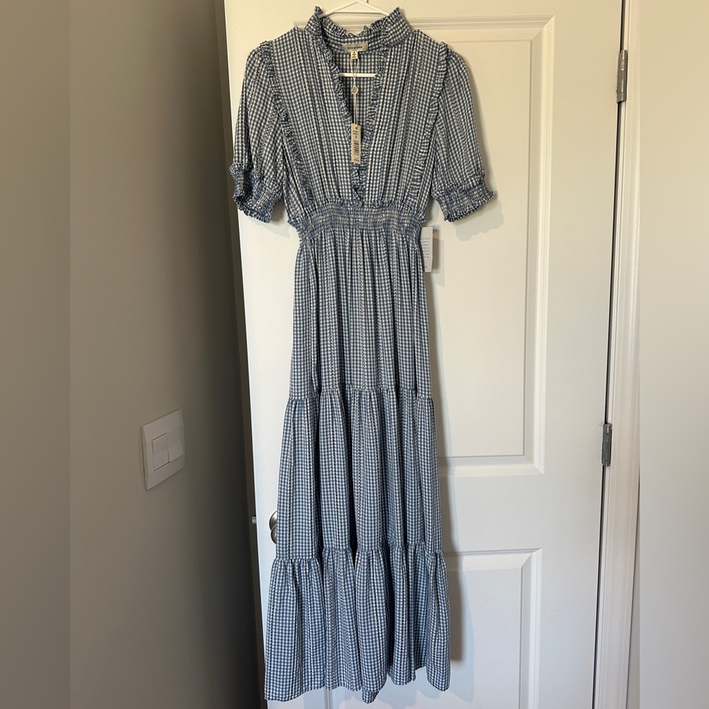 Max Studio Gingham Blue & White Plaid Puff Sleeve Maxi Dress